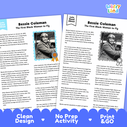 Two educational reading activity sheets about Bessie Coleman, displayed side-by-side on a white background with a blue banner at the bottom reading 'Clean Design No Prep Activity Print & GO' and the 'wuffly land' brand logo in the top right corner.