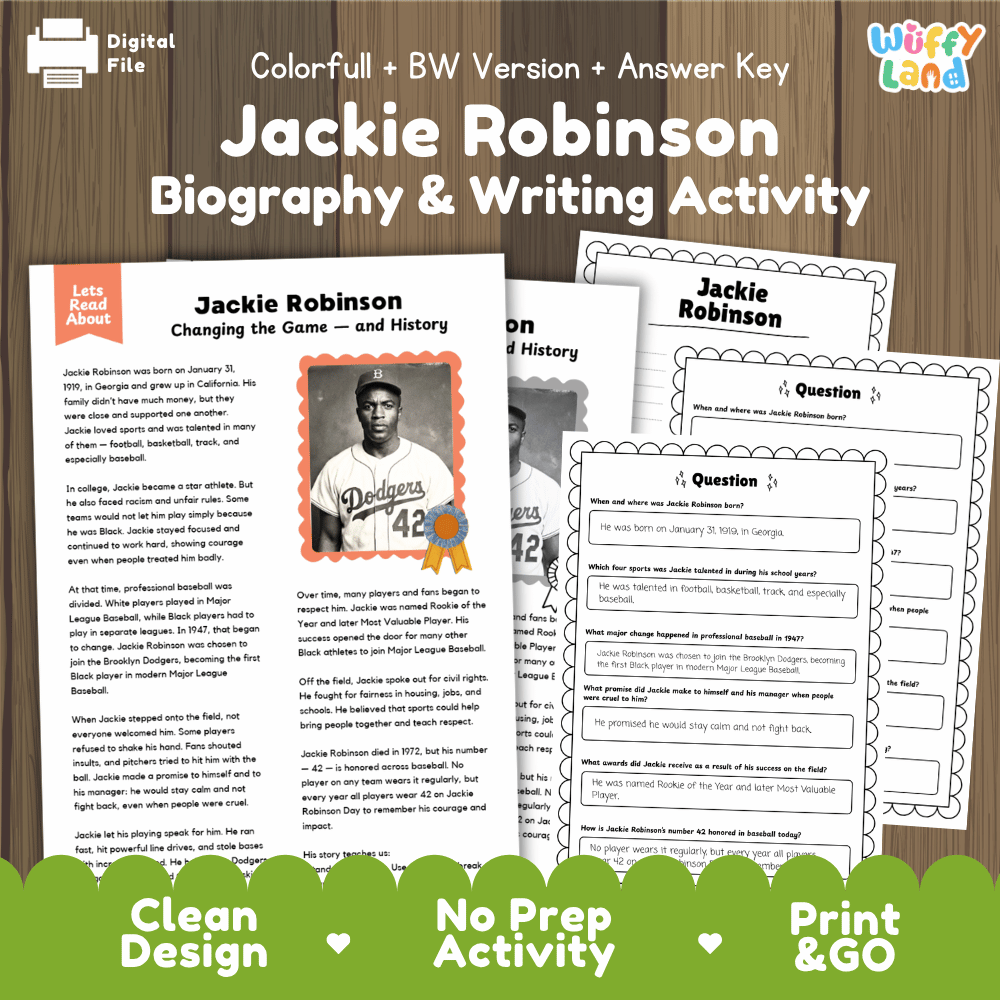 Jackie Robinson Biography Reading Passage and Writing Activity Worksheets