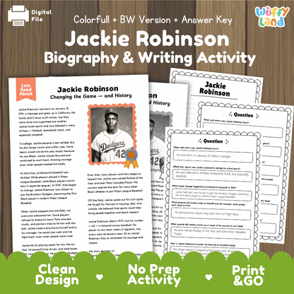 Jackie Robinson Biography Reading Passage and Writing Activity Worksheets
