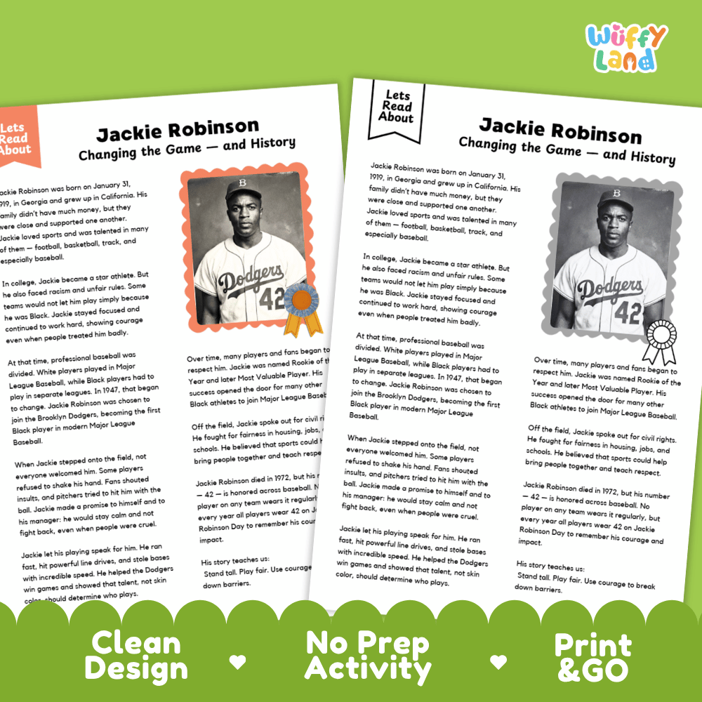 Jackie Robinson Biography Reading Passage and Writing Activity Worksheets