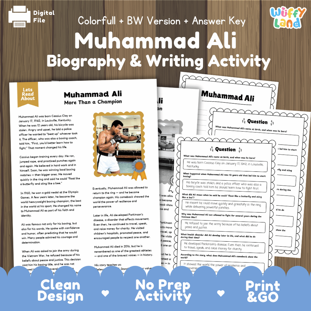 Muhammad Ali Biography Reading Passage and Writing Activity Worksheets