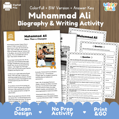 Muhammad Ali Biography Reading Passage and Writing Activity Worksheets