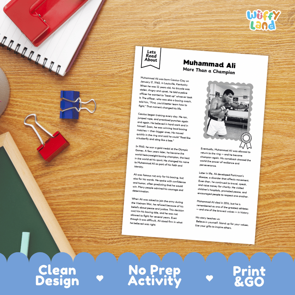 An educational activity sheet titled 'Muhammad Ali More Than a Champion' by Let's Read About, styled in a flat-lay on a wooden desk with a red notebook, binder clips, and a blue pen. A blue banner at the bottom reads 'Clean Design', 'No Prep Activity', and 'Print & GO'.