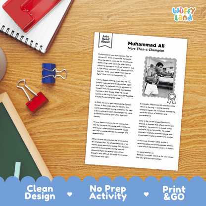 An educational activity sheet titled 'Muhammad Ali More Than a Champion' by Let's Read About, styled in a flat-lay on a wooden desk with a red notebook, binder clips, and a blue pen. A blue banner at the bottom reads 'Clean Design', 'No Prep Activity', and 'Print & GO'.
