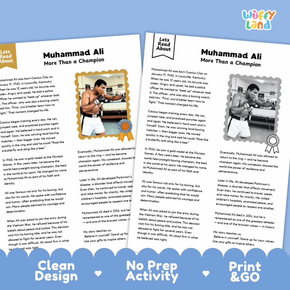 Two printed activity sheets about Muhammad Ali, shown on a blue background with the text 'Let's Read About' and 'Print & GO'. The sheets contain text blocks, photos of Muhammad Ali, and decorative headers.