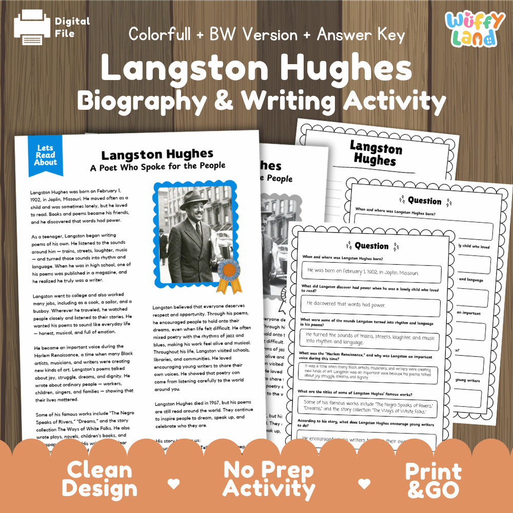 Langston Hughes Biography Reading Passage and Writing Activity Worksheets
