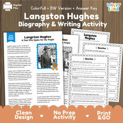 Langston Hughes Biography Reading Passage and Writing Activity Worksheets
