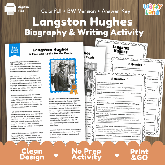 Langston Hughes Biography Reading Passage and Writing Activity Worksheets