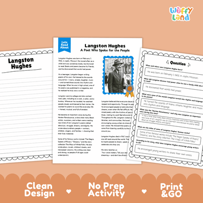 Langston Hughes Biography Reading Passage and Writing Activity Worksheets