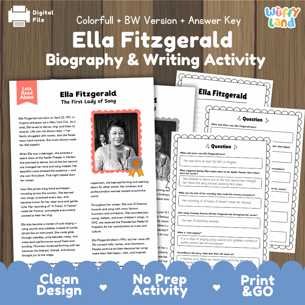 Ella Fitzgerald Biography Reading Passage and Writing Activity Worksheets