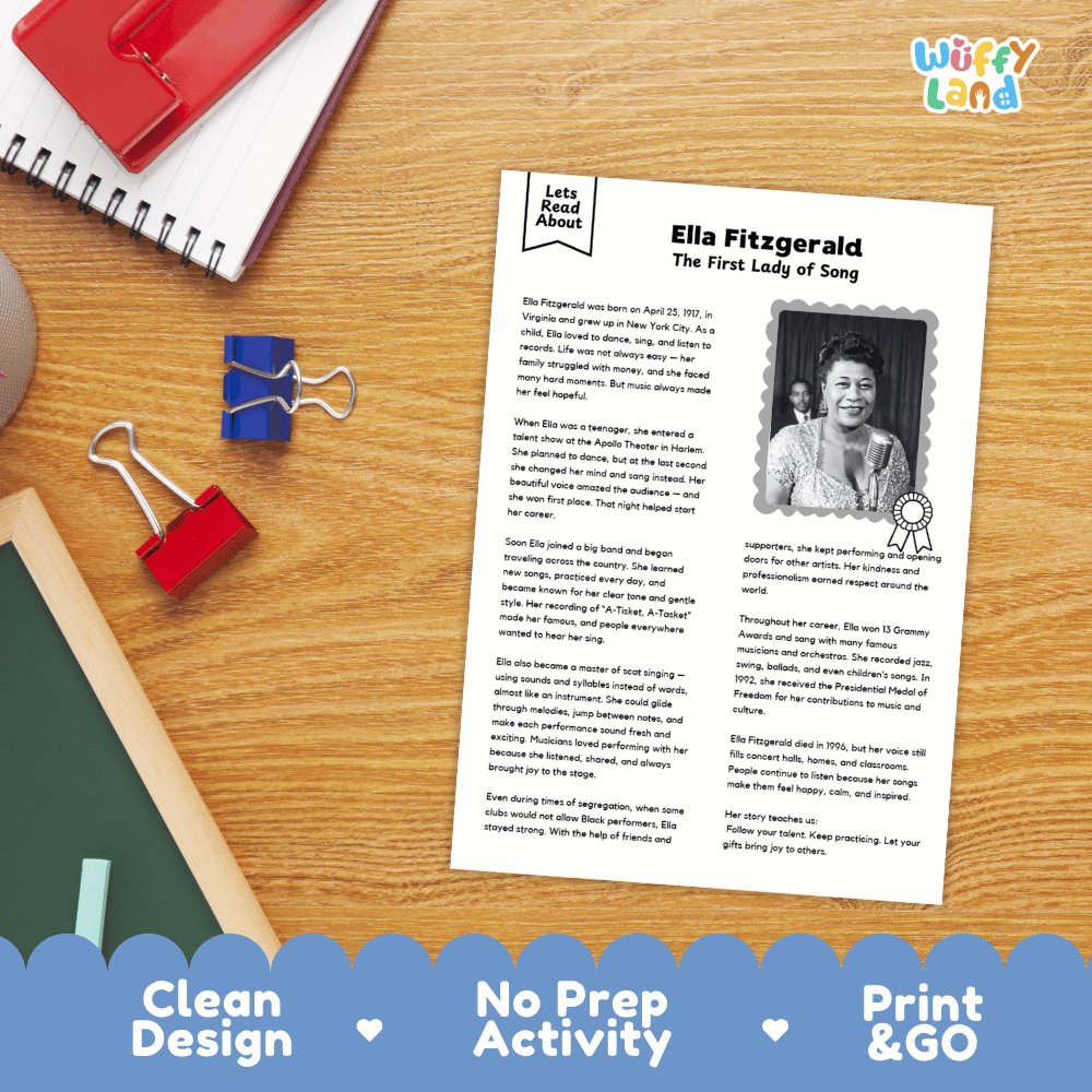 Ella Fitzgerald Biography Reading Passage and Writing Activity Worksheets