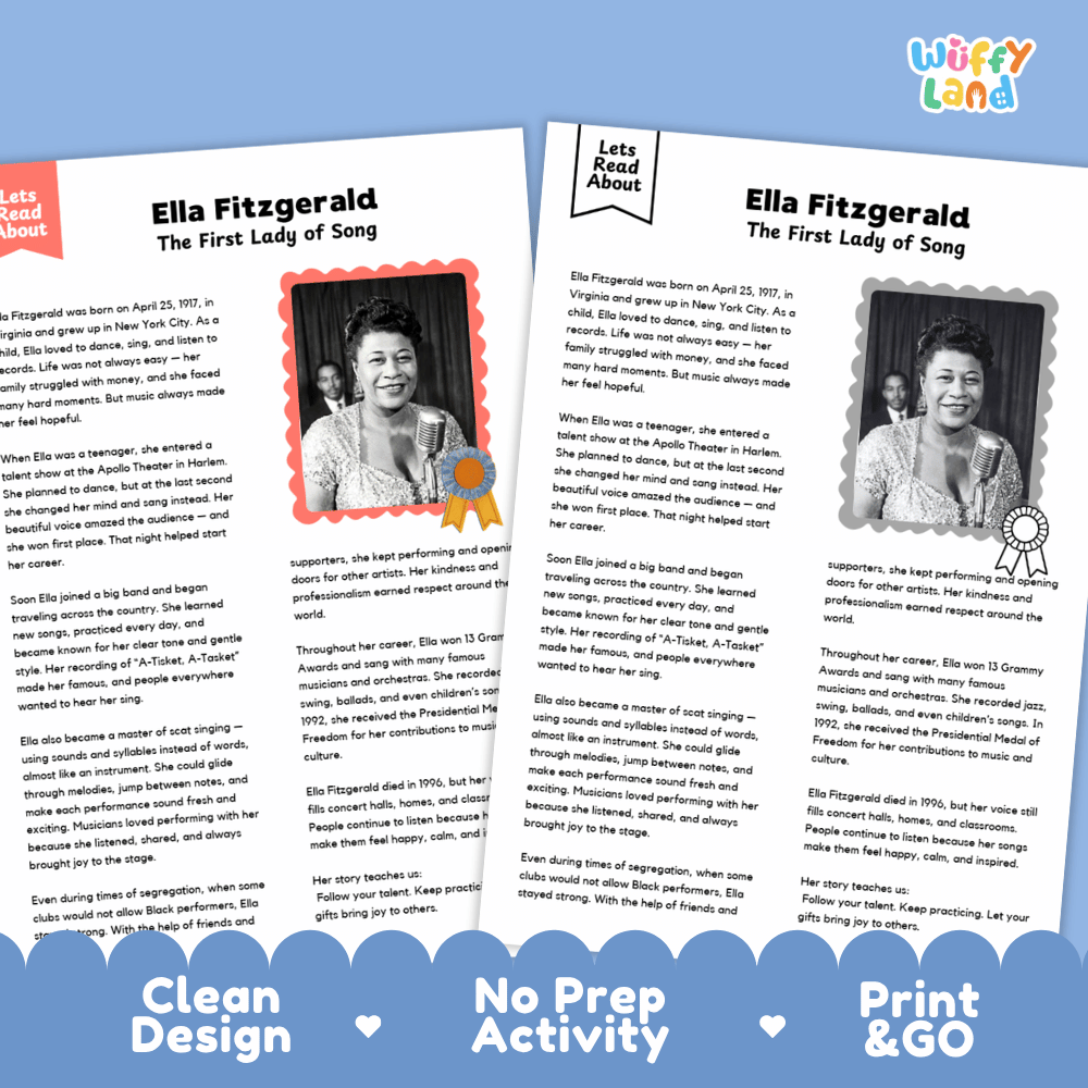 Ella Fitzgerald Biography Reading Passage and Writing Activity Worksheets