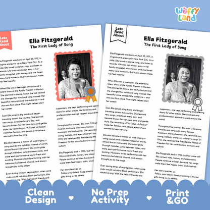 Ella Fitzgerald Biography Reading Passage and Writing Activity Worksheets