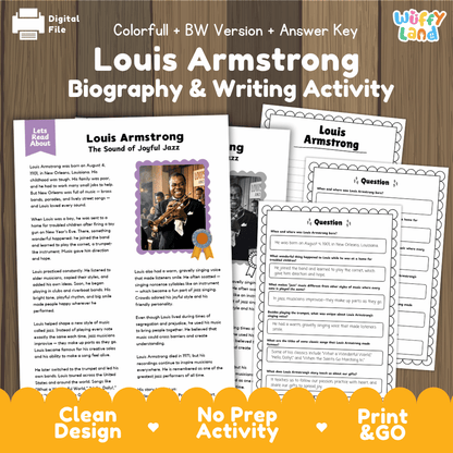 Louis Armstrong Biography Reading Passage and Writing Activity Worksheets