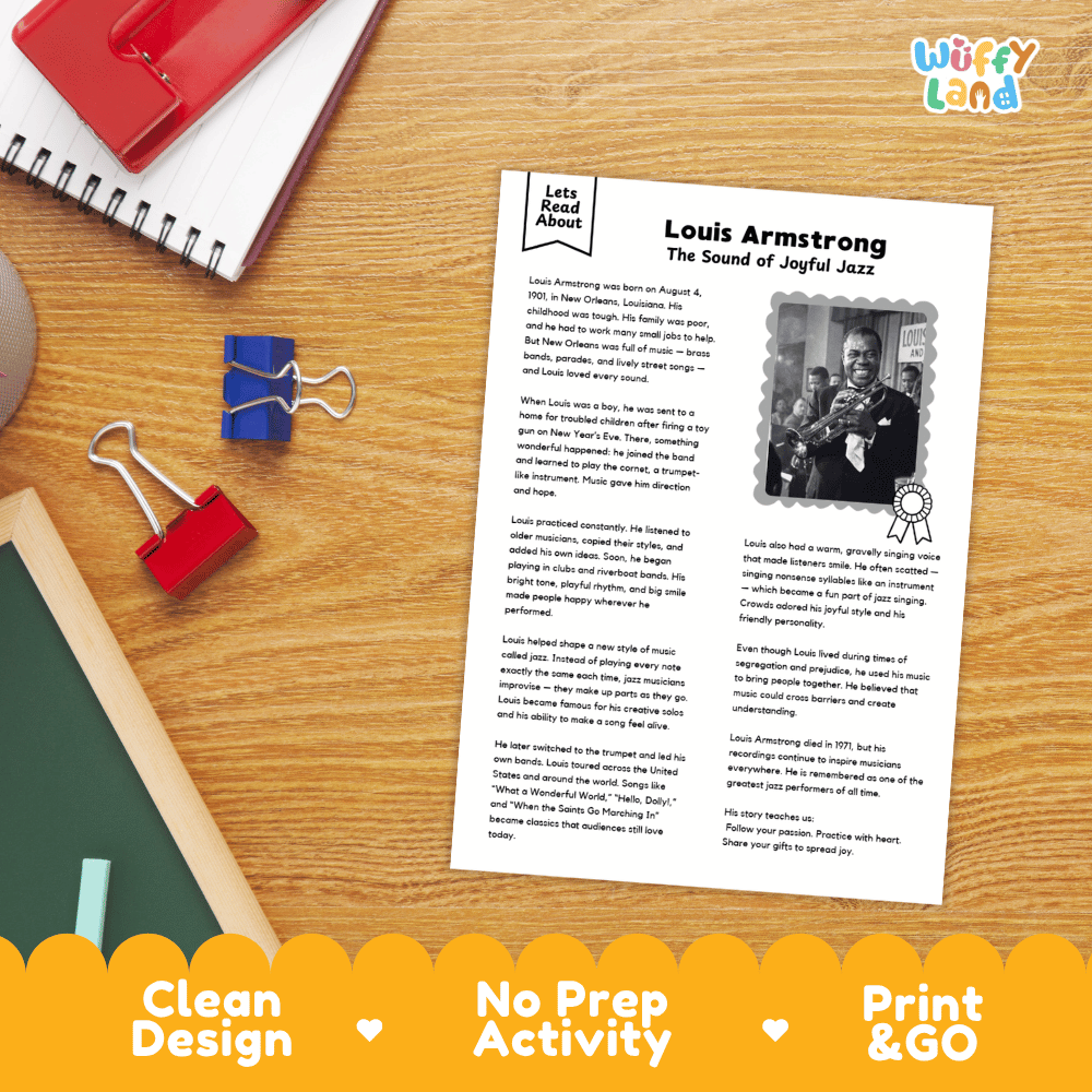 Louis Armstrong Biography Reading Passage and Writing Activity Worksheets