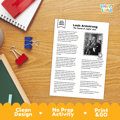 Louis Armstrong Biography Reading Passage and Writing Activity Worksheets