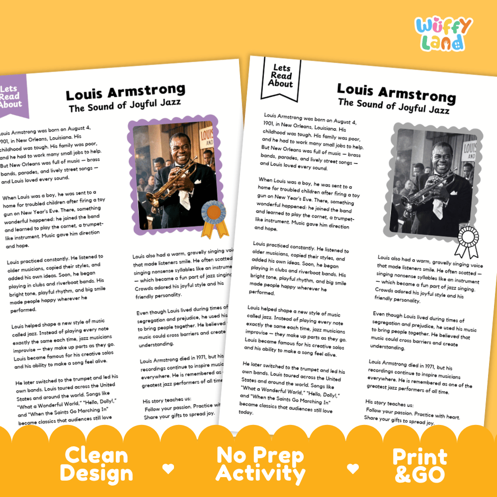 Two printable educational activity sheets about Louis Armstrong, titled 'The Sound of Joyful Jazz,' shown on a white background with decorative banners at the bottom. The sheets contain text blocks, small photo placeholders, and award icons, and the brand name 'wiffly land' appears in the top right corner.