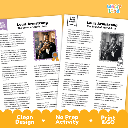 Two printable educational activity sheets about Louis Armstrong, titled 'The Sound of Joyful Jazz,' shown on a white background with decorative banners at the bottom. The sheets contain text blocks, small photo placeholders, and award icons, and the brand name 'wiffly land' appears in the top right corner.