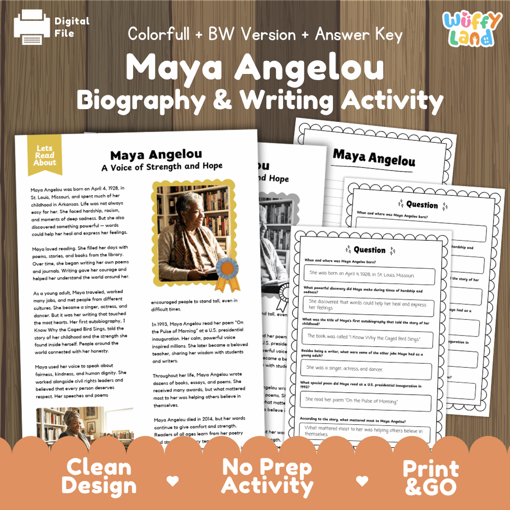 Digital printable activity sheet set for 'Maya Angelou Biography & Writing Activity' by Uffy Land, featuring a colorful cover page and several worksheet pages displayed on a wood background with promotional text at the bottom.