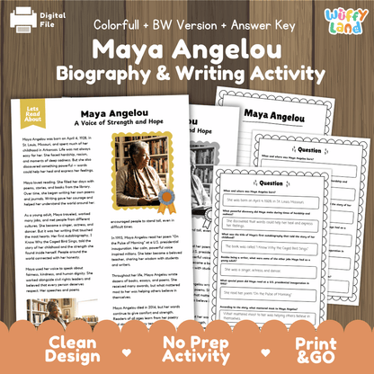 Digital printable activity sheet set for 'Maya Angelou Biography & Writing Activity' by Uffy Land, featuring a colorful cover page and several worksheet pages displayed on a wood background with promotional text at the bottom.