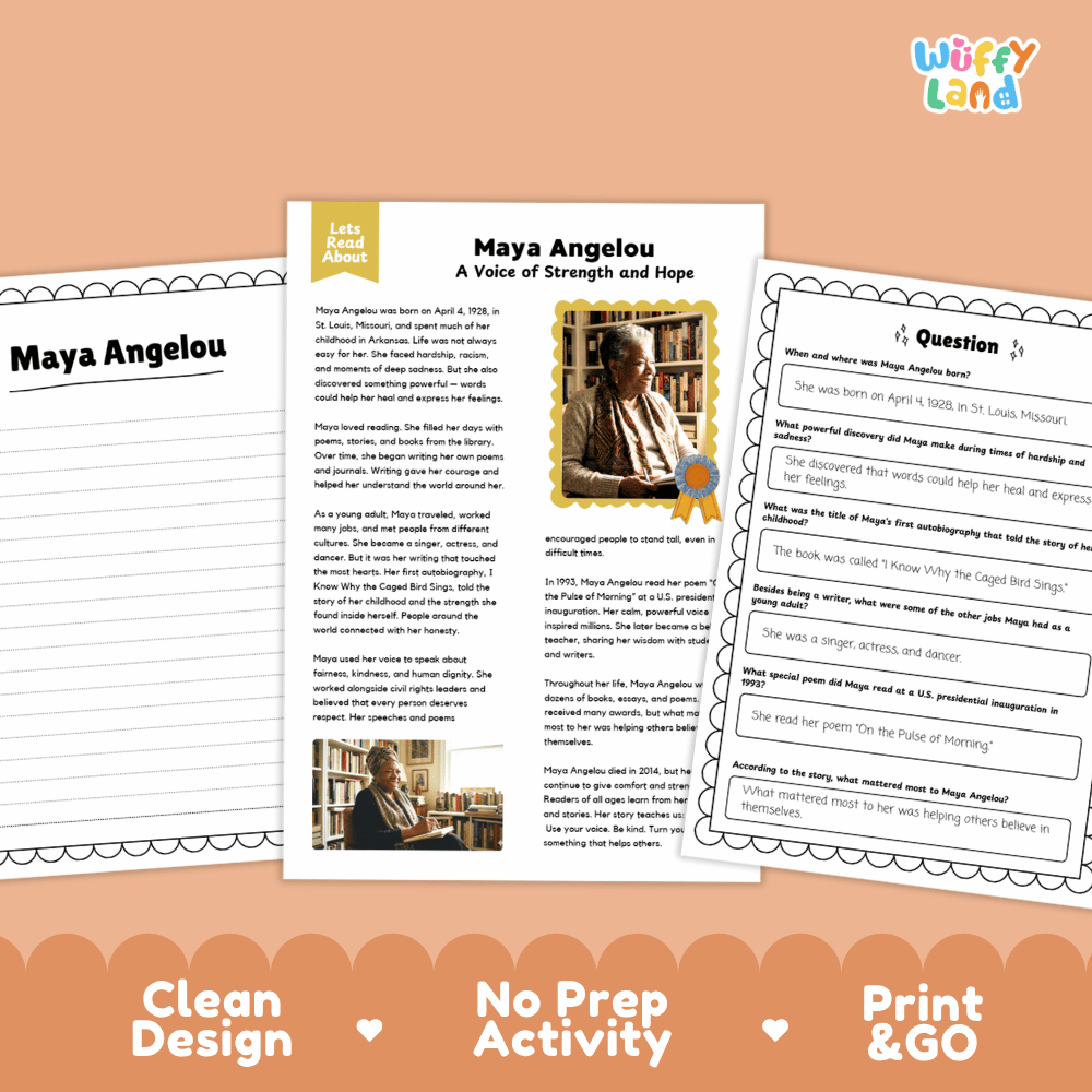 A printable educational activity sheet set about Maya Angelou, shown as three overlapping printed pages on a peach background with the text 'Clean Design', 'No Prep Activity', and 'Print & GO'. The center page contains a title, short text, a small photo of Maya Angelou, and a yellow 'Let's Read About' label.