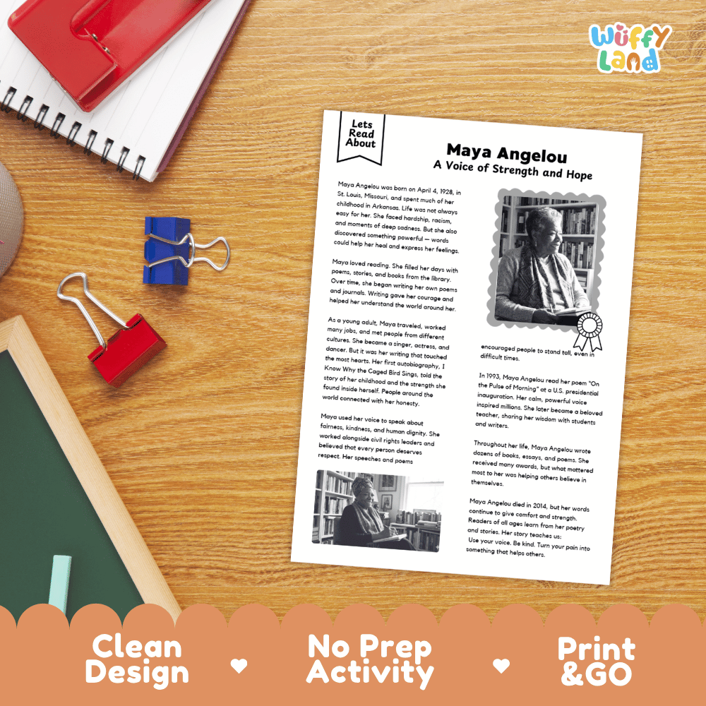 A printed educational worksheet titled 'Let's Read About Maya Angelou' laid on a wooden desk, surrounded by school supplies including a spiral notebook, red and blue binder clips, and a pen. The worksheet has text, two black-and-white photos, and a small logo at the top right reading 'wiffy land'.