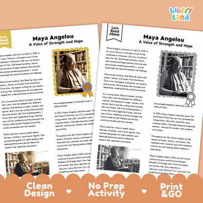 Two printable activity sheets for a Maya Angelou themed educational resource, titled 'Let's Read About' and 'Maya Angelou: A Voice of Strength and Hope'. The pages feature text, historical photos of Maya Angelou, and decorative borders.