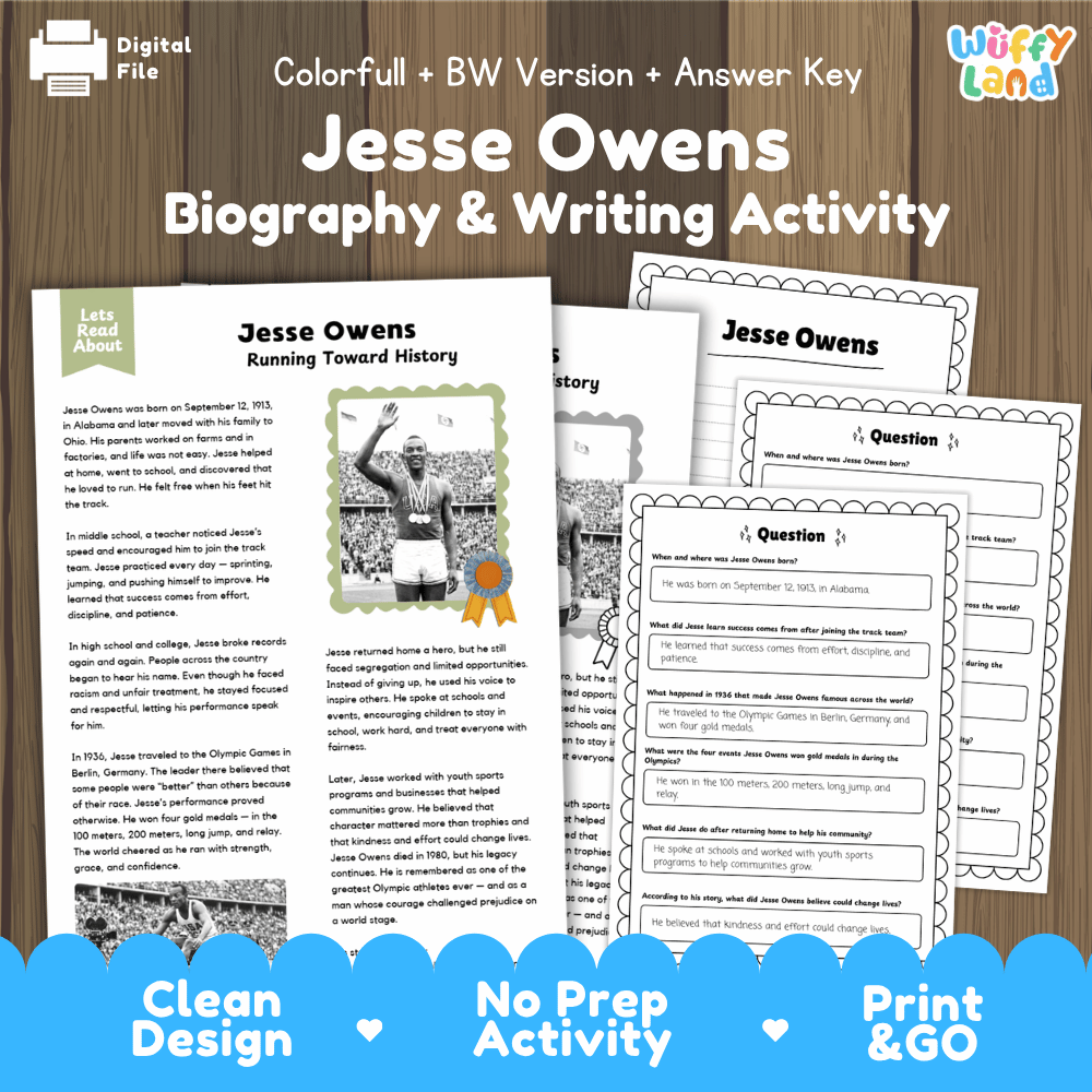 Digital printable activity sheet set for 'Jesse Owens Biography & Writing Activity' by Uffy Land, shown on a wood background with text indicating it is a digital file, colorful and black-and-white version, answer key, and print & go.