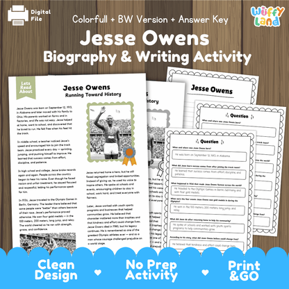 Digital printable activity sheet set for 'Jesse Owens Biography & Writing Activity' by Uffy Land, shown on a wood background with text indicating it is a digital file, colorful and black-and-white version, answer key, and print & go.