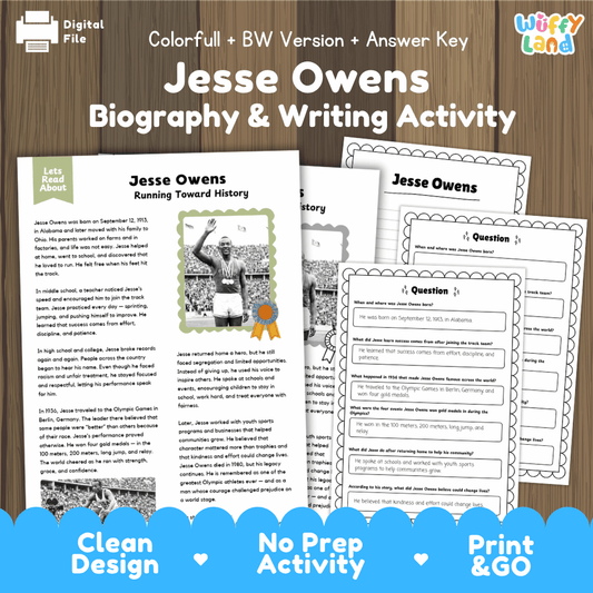 Digital printable activity sheet set for 'Jesse Owens Biography & Writing Activity' by Uffy Land, shown on a wood background with text indicating it is a digital file, colorful and black-and-white version, answer key, and print & go.
