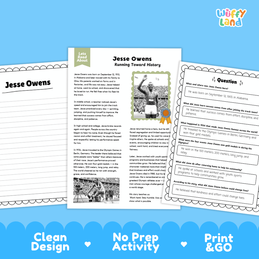 Three printable educational activity sheets about Jesse Owens displayed on a light blue background with the text 'Clean Design', 'No Prep Activity', and 'Print & GO'. The sheets include text sections, a black-and-white photo, and a question panel.