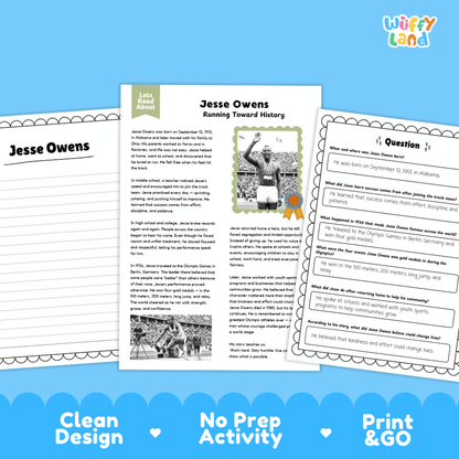 Three printable educational activity sheets about Jesse Owens displayed on a light blue background with the text 'Clean Design', 'No Prep Activity', and 'Print & GO'. The sheets include text sections, a black-and-white photo, and a question panel.