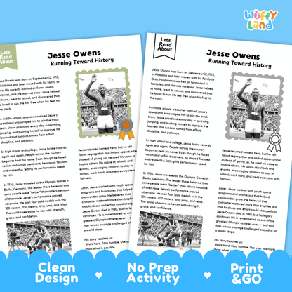 Two printable lesson pages about Jesse Owens with text blocks, black-and-white photos, and a blue banner at the bottom reading 'Clean Design', 'No Prep Activity', and 'Print & GO'. The 'Wuffly Land' logo appears in the top right.