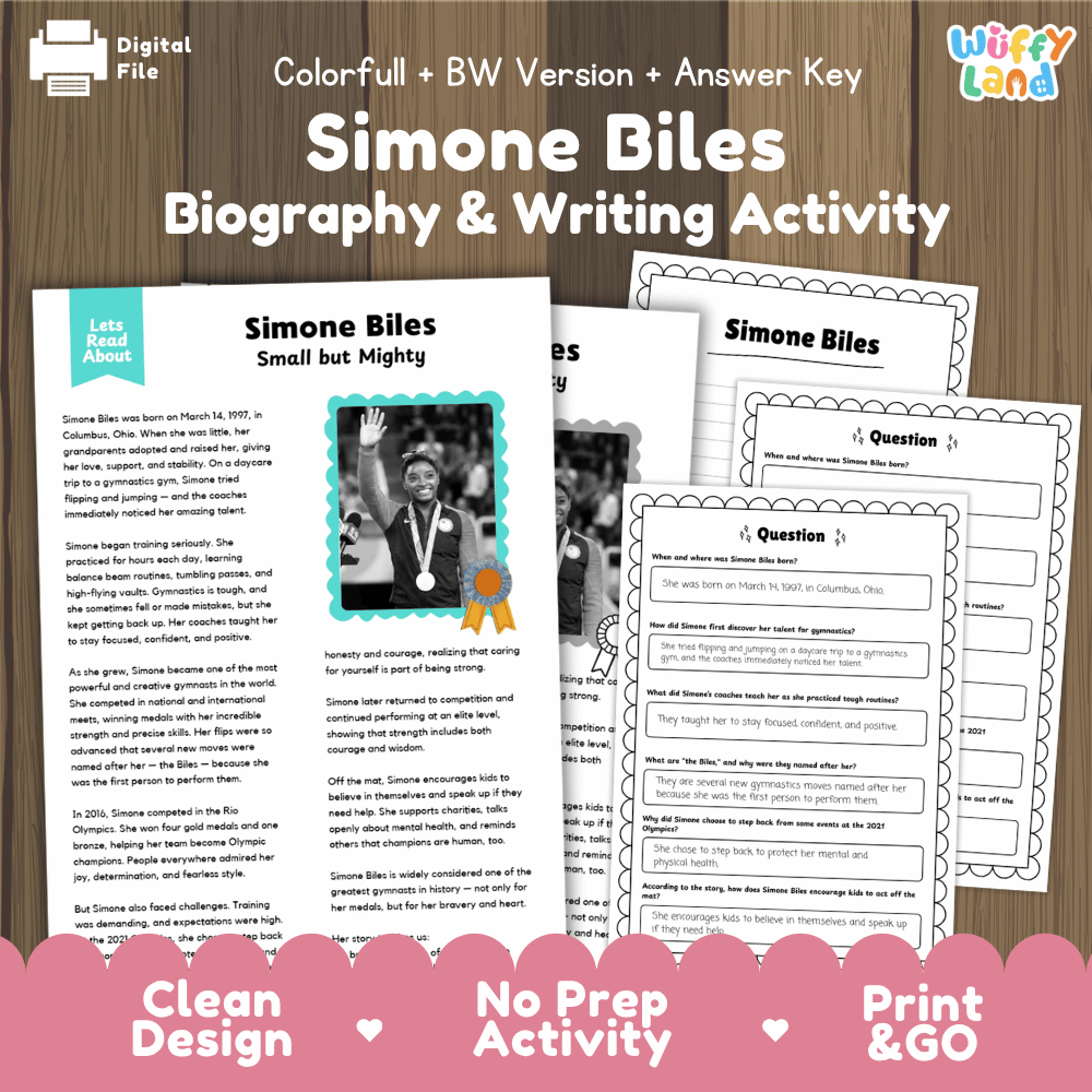 Digital printable activity sheet set for 'Simone Biles Biography & Writing Activity' by Uffy Land, featuring a colorful cover page, worksheet pages, and a pink 'Print & GO' banner on a wood background.