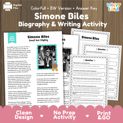 Digital printable activity sheet set for 'Simone Biles Biography & Writing Activity' by Uffy Land, featuring a colorful cover page, worksheet pages, and a pink 'Print & GO' banner on a wood background.