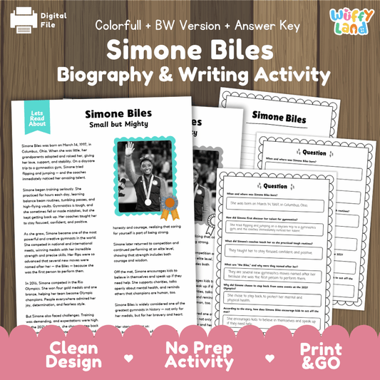 Digital printable activity sheet set for 'Simone Biles Biography & Writing Activity' by Uffy Land, featuring a colorful cover page, worksheet pages, and a pink 'Print & GO' banner on a wood background.