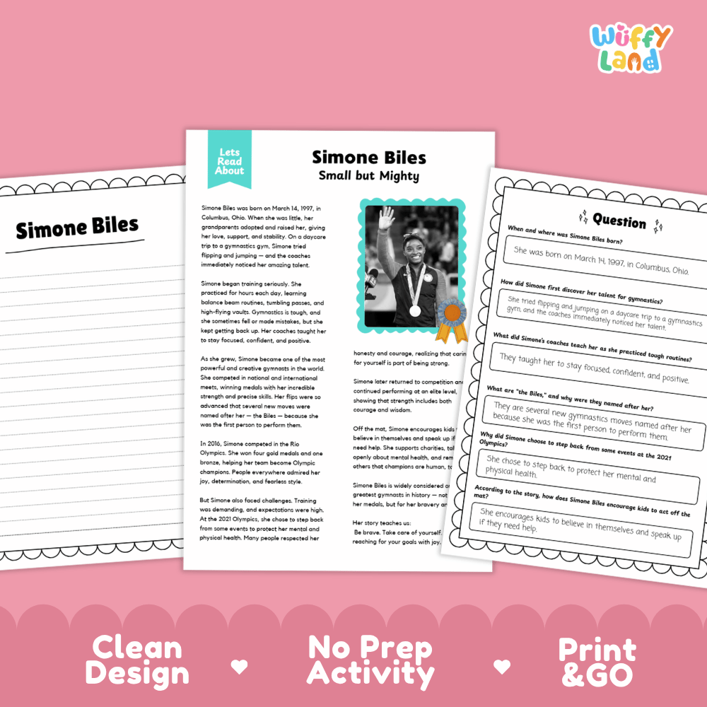 Three printable educational activity sheets for teaching Simone Biles, arranged on a pink background with decorative text reading 'Clean Design', 'No Prep Activity', and 'Print & GO'. The sheets include a biography page, a small print, and a question sheet, with the 'Wiffly Land' brand logo in the top right.