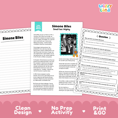 Three printable educational activity sheets for teaching Simone Biles, arranged on a pink background with decorative text reading 'Clean Design', 'No Prep Activity', and 'Print & GO'. The sheets include a biography page, a small print, and a question sheet, with the 'Wiffly Land' brand logo in the top right.