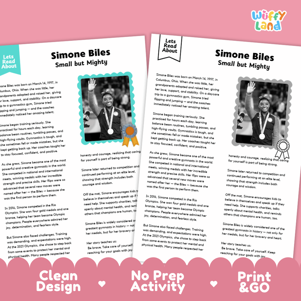 Simone Biles Biography Reading Passage and Writing Activity Worksheets