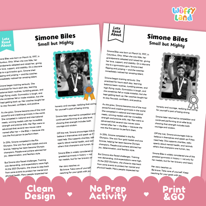 Simone Biles Biography Reading Passage and Writing Activity Worksheets