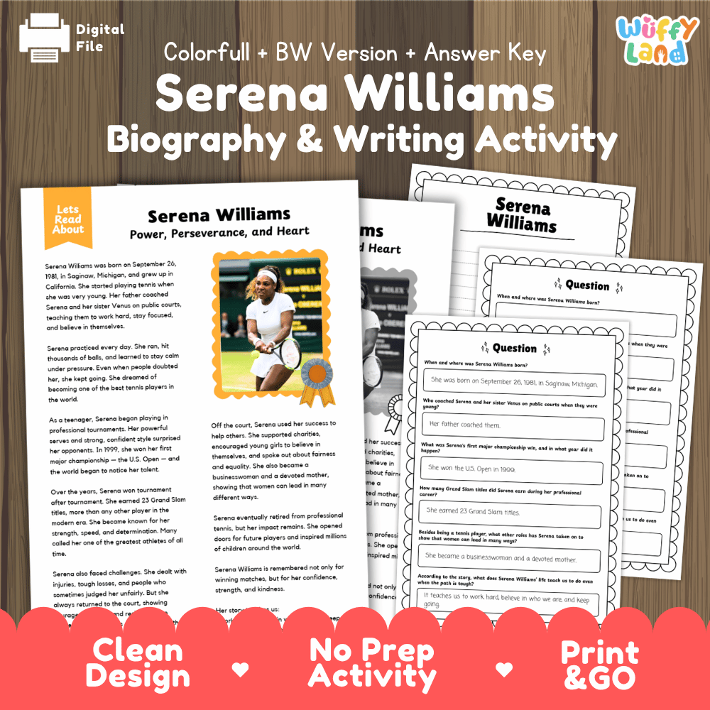 Digital printable activity sheet set for 'Serena Williams Biography & Writing Activity' with a colorful title banner, preview pages showing text and writing prompts, and a wooden background. Branding for 'Digital File' and 'Uffy Land' is visible.