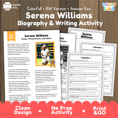 Digital printable activity sheet set for 'Serena Williams Biography & Writing Activity' with a colorful title banner, preview pages showing text and writing prompts, and a wooden background. Branding for 'Digital File' and 'Uffy Land' is visible.