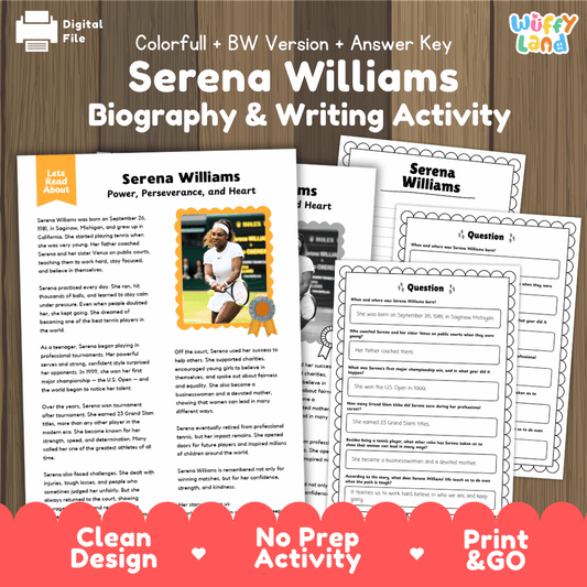 Digital printable activity sheet set for 'Serena Williams Biography & Writing Activity' with a colorful title banner, preview pages showing text and writing prompts, and a wooden background. Branding for 'Digital File' and 'Uffy Land' is visible.