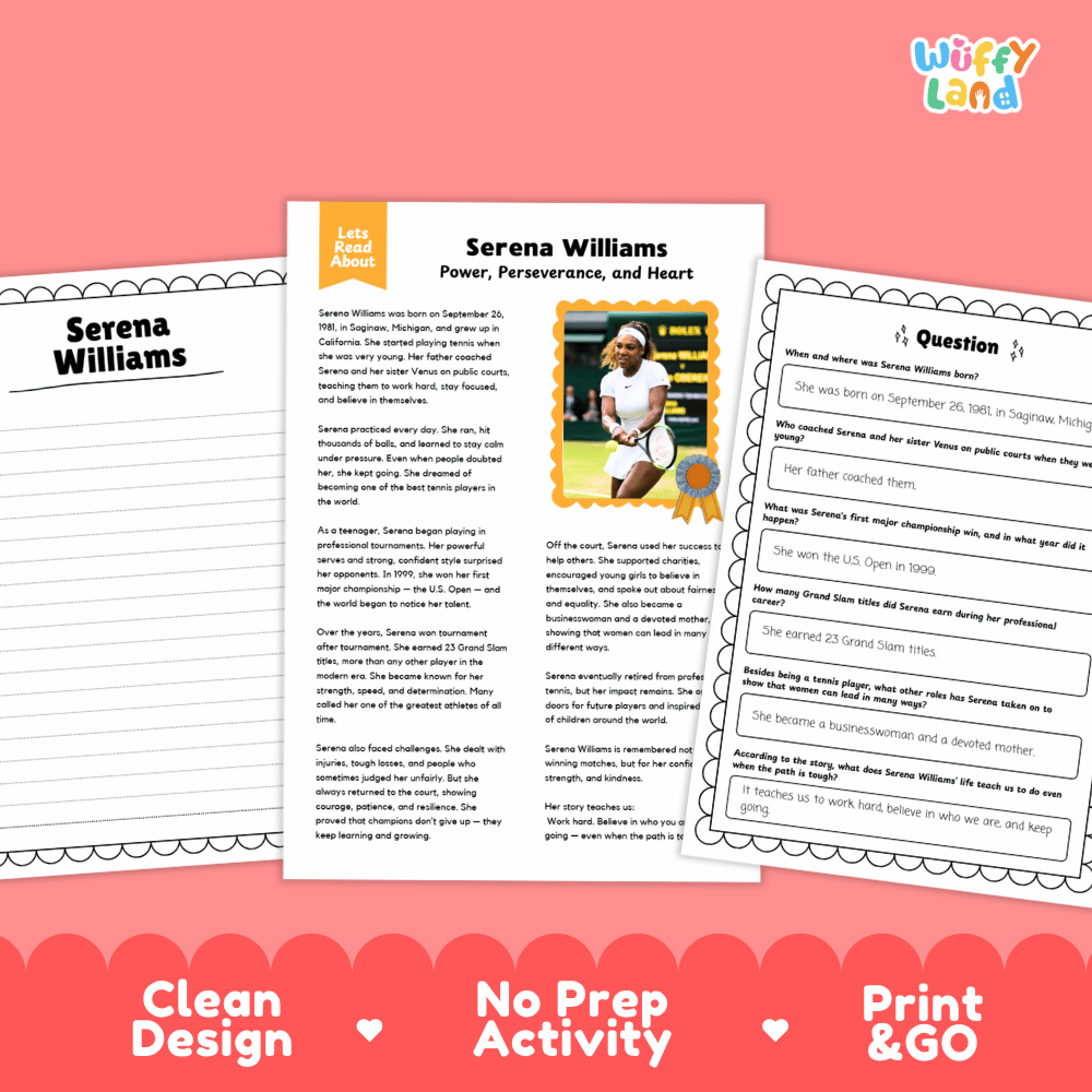 A printable educational worksheet set about Serena Williams, shown as three overlapping white pages on a coral pink background. The center page is titled 'Serena Williams Power, Perseverance, and Heart' with text, a small photo of Serena, and decorative border lines.