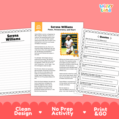 A printable educational worksheet set about Serena Williams, shown as three overlapping white pages on a coral pink background. The center page is titled 'Serena Williams Power, Perseverance, and Heart' with text, a small photo of Serena, and decorative border lines.