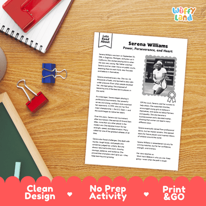 A printed educational worksheet about Serena Williams is shown on a wooden desk with school supplies around it. The sheet has the title 'Serena Williams Power, Perseverance, and Heart' and a small portrait photo.