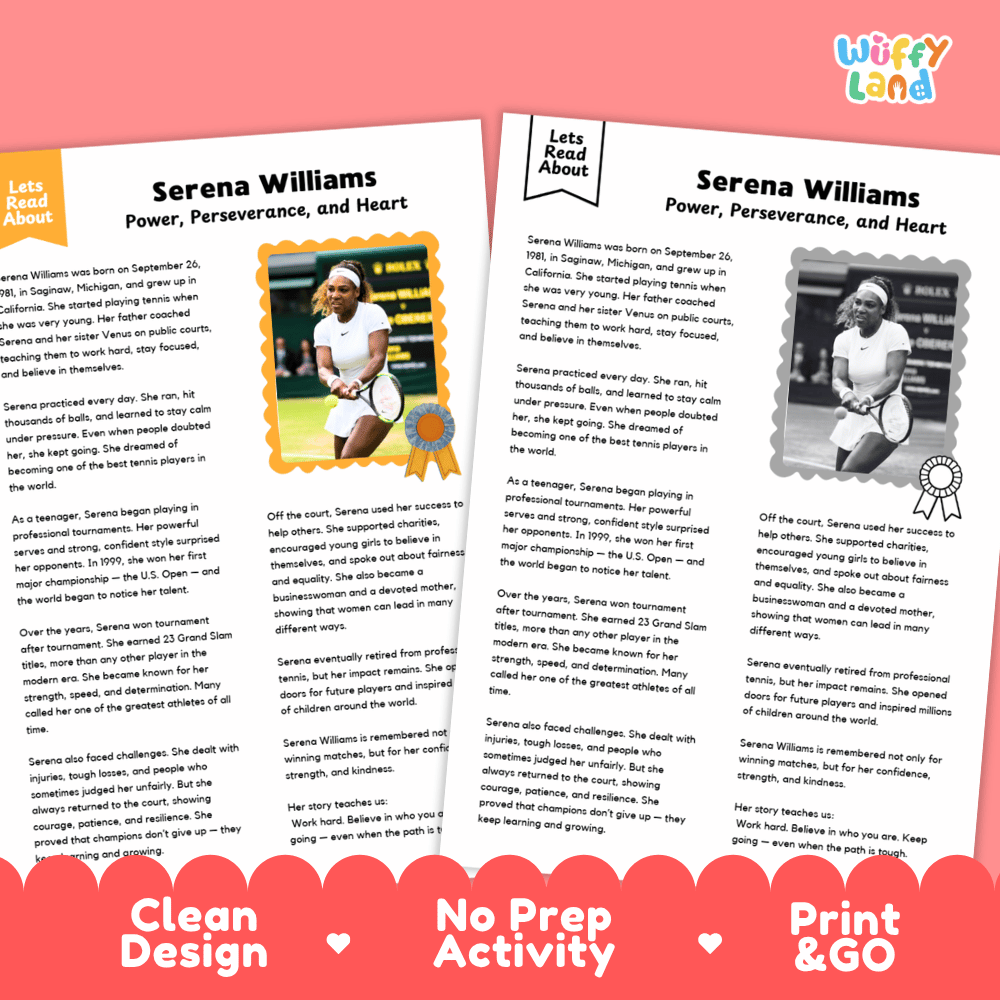 Two printed activity sheets about Serena Williams, shown as a clean product mockup on a white background with a pink banner at the bottom reading 'Clean Design', 'No Prep Activity', and 'Print & GO'. The sheets include text, photos, and a small cartoon character.