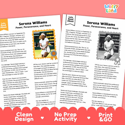 Two printed activity sheets about Serena Williams, shown as a clean product mockup on a white background with a pink banner at the bottom reading 'Clean Design', 'No Prep Activity', and 'Print & GO'. The sheets include text, photos, and a small cartoon character.