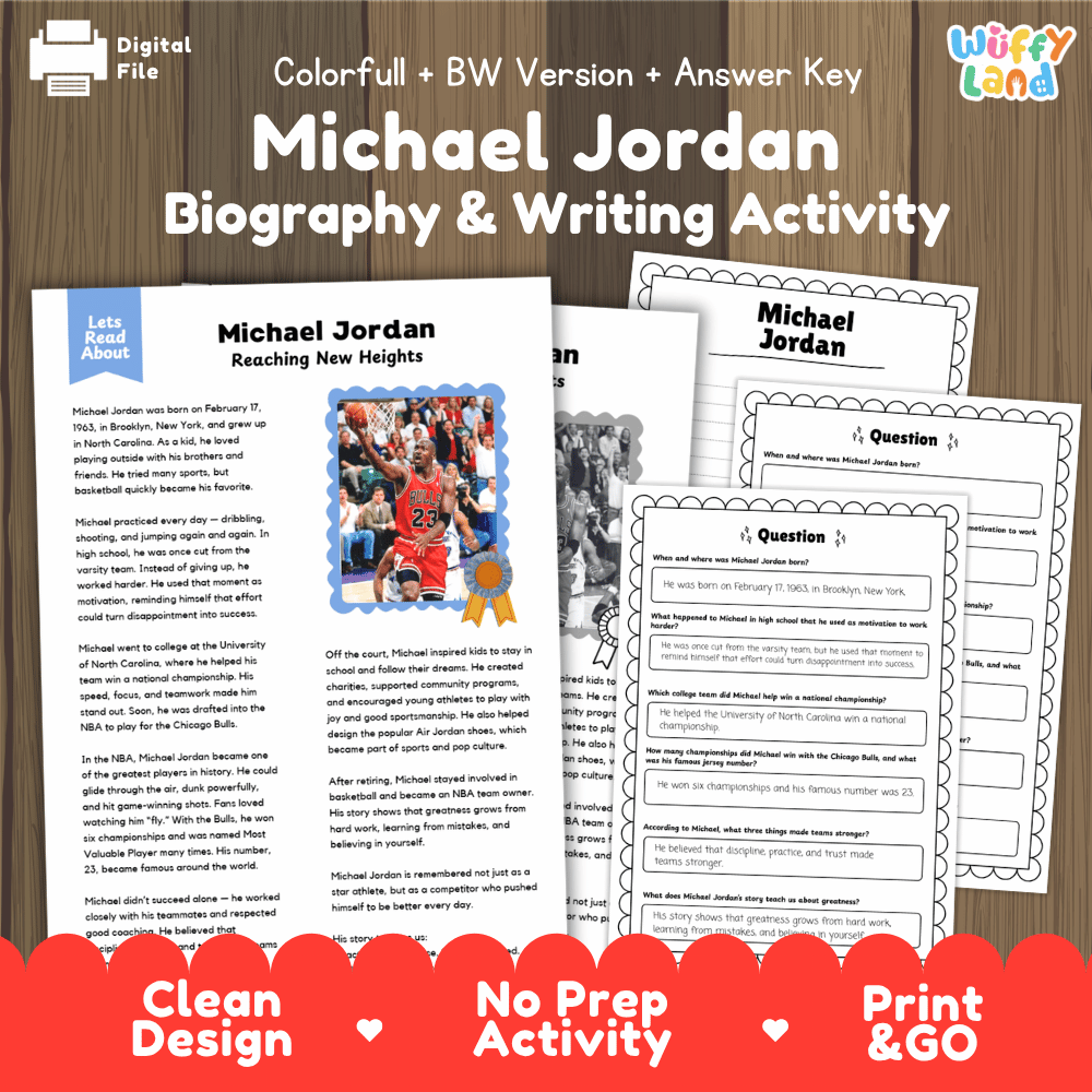 Michael Jordan Biography Reading Passage and Writing Activity Worksheets