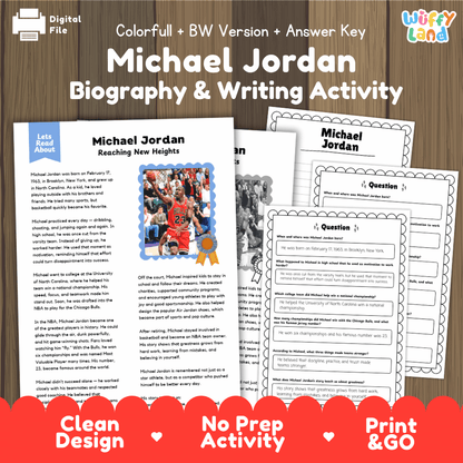 Michael Jordan Biography Reading Passage and Writing Activity Worksheets